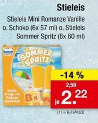 Stieleis Mini Romanze Vanille o. Schoko (6x 57 ml) o. Stieleis Sommer Spritz (8x 60 ml)