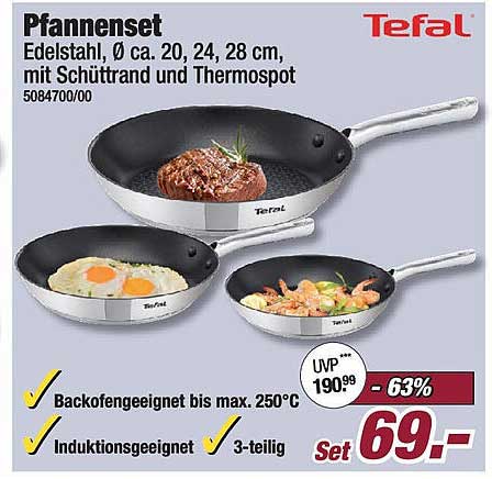 Tefal Pfannenset - Edelstahl Ø ca. 20, 24, 28 cm, mit Schüttrand und Thermospot