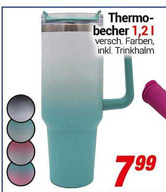 Thermobecher 1,2l in verschiedenen Farben, inkl. Trinkhalm
