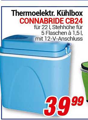 Thermoelektr. Kühlbox CONNABRIDE CB24 für 22 l, Stehhöhe für 5 Flaschen à 1,5 l, mit 12-V-Anschluss