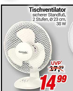 Tischventilator, sicherer Standfuß, 2 Stufen, Ø 23 cm, 38 W