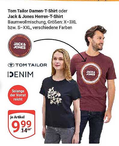 Tom Tailor Damen-T-Shirt oder Jack & Jones Herren-T-Shirt