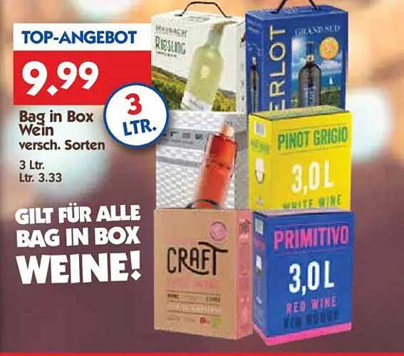 TOP-ANGEBOT: Bag in Box Wein – Verschiedene Sorten 3 Ltr. für nur 9,99 €!