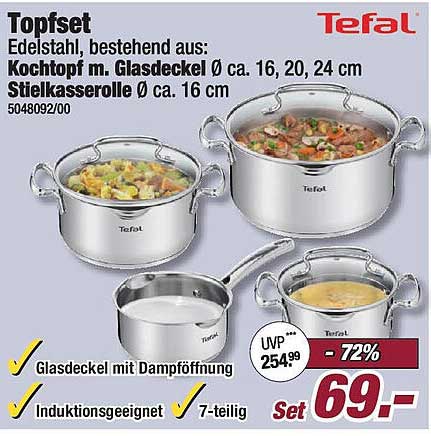 Topfset aus Edelstahl von Tefal - 7-teilig mit Glasdeckel