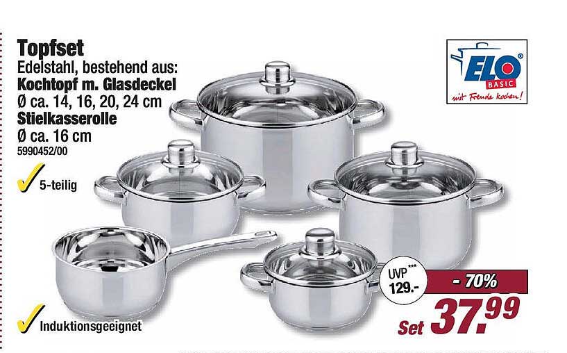 Topfset Edelstahl mit Glasdeckel – 5-teilig