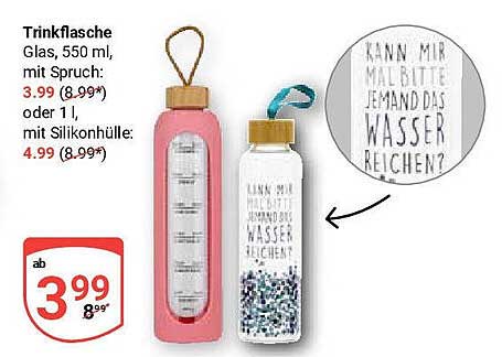 Trinkflasche Glas, 550 ml, mit Spruch
