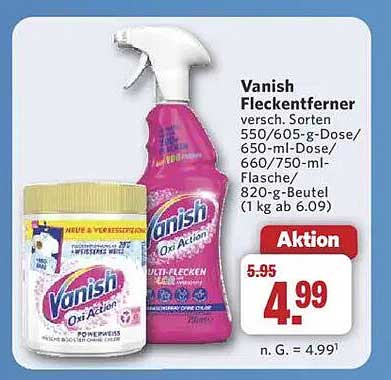 Vanish Fleckenentferner - versch. Sorten 550/605-g-Dose/650-ml-Dose/660/750-ml-Flasche/820-g-Beutel