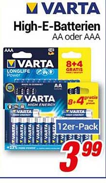 VARTA High-E-Batterien AA oder AAA - 12er-Pack nur 3,99 €