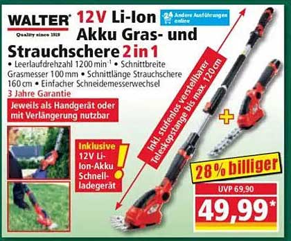 WALTER 12V Li-Ion Akku Gras- und Strauchschere 2in1
