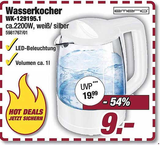 Wasserkocher WK-129195.1, ca. 2200W, weiß/silber