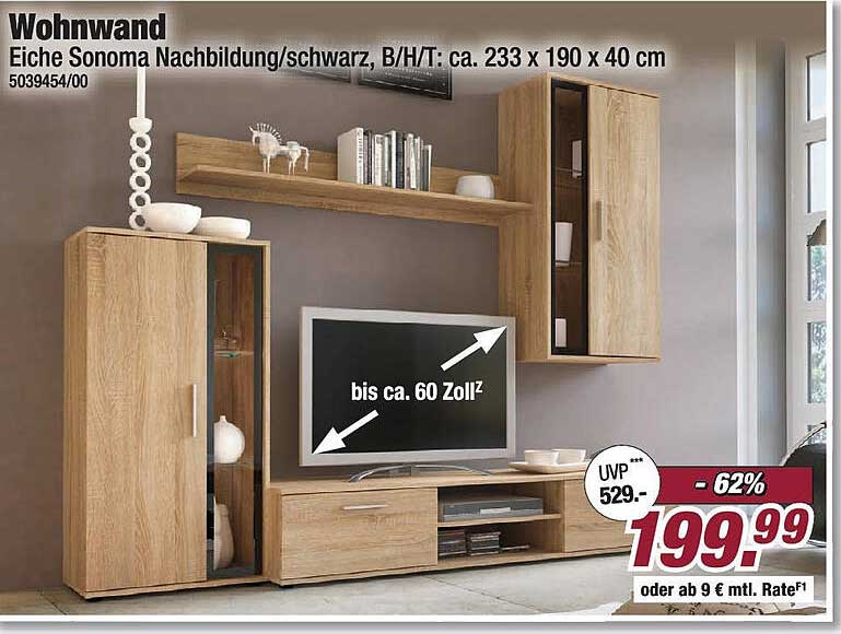 Wohnwand Eiche Sonoma Nachbildung schwarz, B/H/T: ca. 233 x 190 x 40 cm