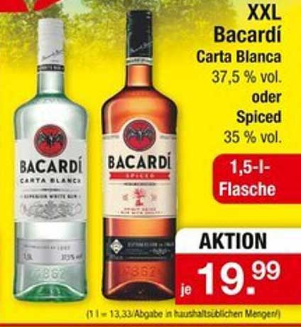 XXL Bacardí Carta Blanca oder Spiced 1,5-Liter-Flasche - nur 19,99 €