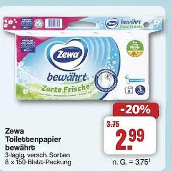Zewa Toilettenpapier bewährt, Zarte Frische 8 x 150-Blatt-Packung