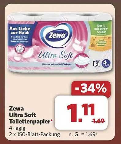 Zewa Ultra Soft Toilettenpapier 4-lagig, 2 x 150-Blatt-Packung