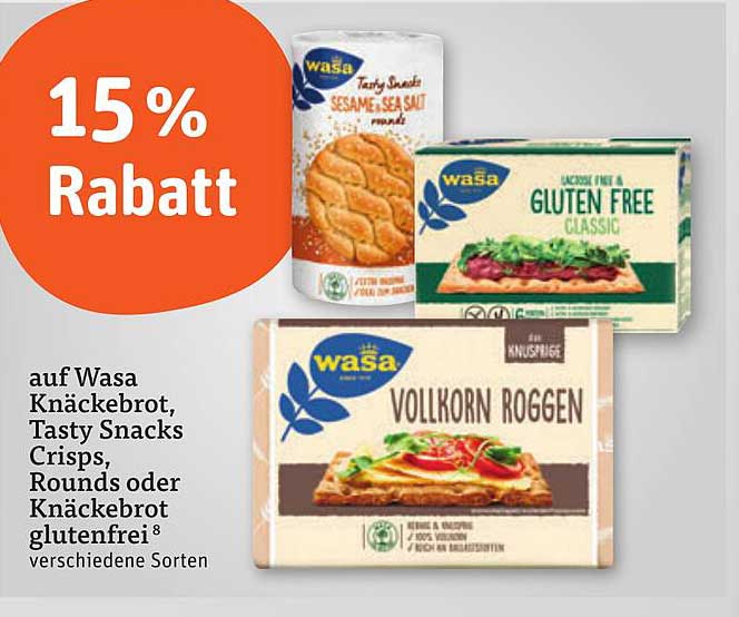 15 % Rabatt auf Wasa Knäckebrot, Tasty Snacks, Crisp Rounds oder glutenfreies Knäckebrot