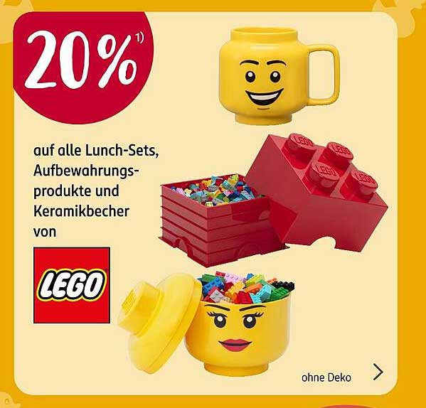 20% auf alle Lunch-Sets, Aufbewahrungsprodukte und Keramikbecher von LEGO