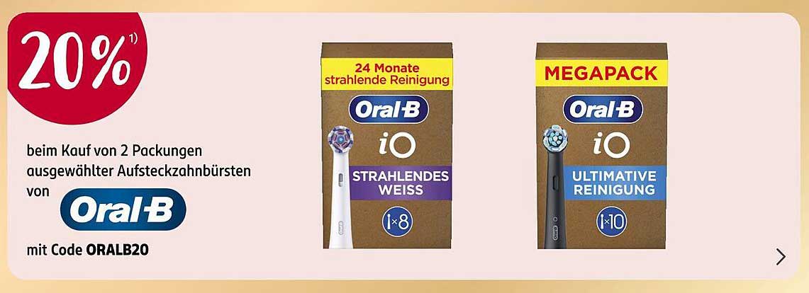 20% Rabatt auf ausgewählte Aufsteckzahnbürsten von Oral-B beim Kauf von 2 Packungen