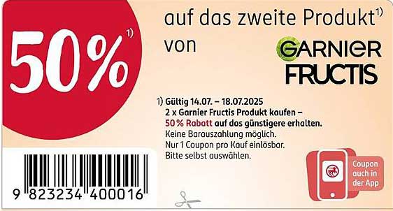 50% Rabatt auf das zweite Garnier Fructis Produkt