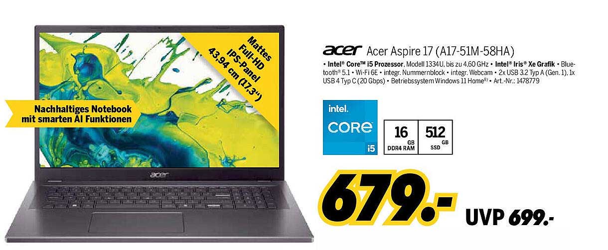 Acer Aspire 17 (A17-51M-58HA) - Nachhaltiges Notebook mit smarten AI Funktionen