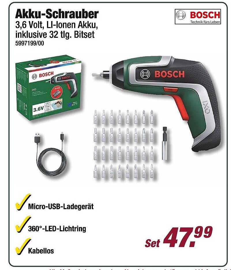Akku-Schrauber 3,6 Volt, LI-Ionen Akku, inklusive 32 tlg. Bitset