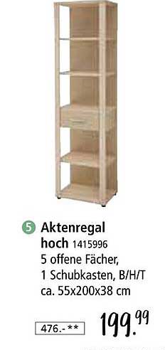 Aktenregal hoch, 5 offene Fächer, 1 Schubkasten