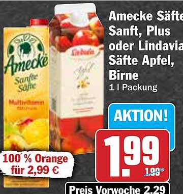 Amecke Säfte Sanft, Plus oder Lindavia Säfte Apfel, Birne 1 l Packung
