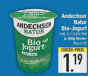 Andechser Natur Bio-Jogurt mild, 0,1-3,8% Fett, je 500g Becher