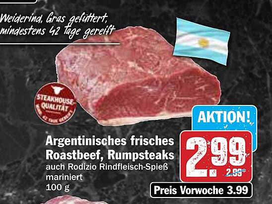 Argentinisches frisches Roastbeef, Rumpsteaks auch Rodizio Rindfleisch-Spieß mariniert 100 g