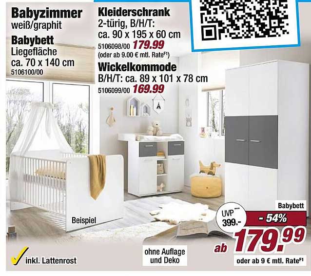 Babyzimmer weiß/graphit mit Babybett, Kleiderschrank und Wickelkommode