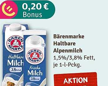 Bärenmarke Haltbare Alpenmilch 1,5%/3,8% Fett, je 1-l-Päckg.