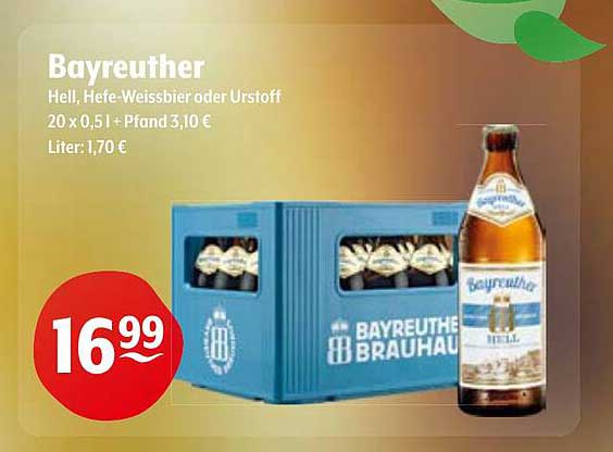 Bayreuther Hell, Hefe-Weissbier oder Urstoff - 20 x 0,5 l
