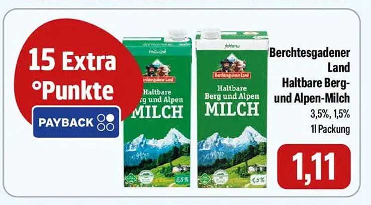 Berchtesgadener Land Haltbare Berg- und Alpen-Milch 3,5%, 1,5%, 1l Packung