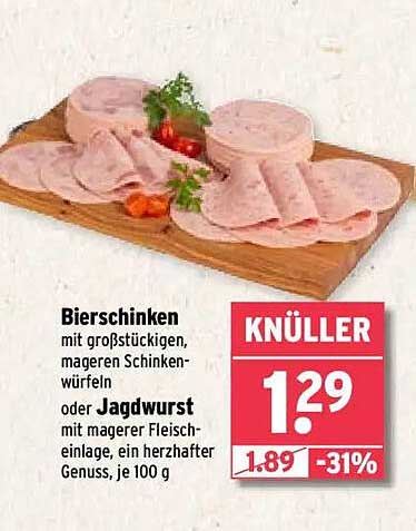 Bierschinken mit großen, mageren Schinkenwürfeln oder Jagdwurst mit magerer Fleischeinlage