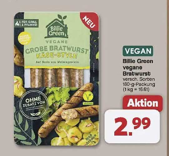 Billie Green vegane Bratwurst Käse-Style 180-g-Packung