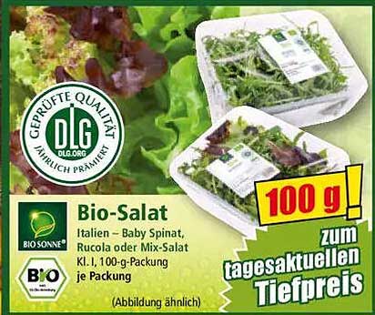 Bio-Salat: Italien – Baby Spinat, Rucola oder Mix-Salat, 100 g-Packung