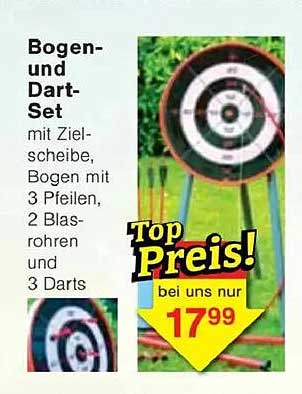 Bogen- und Dart-Set mit Zielscheibe, Bogen, 3 Pfeilen, 2 Blasrohren und 3 Darts