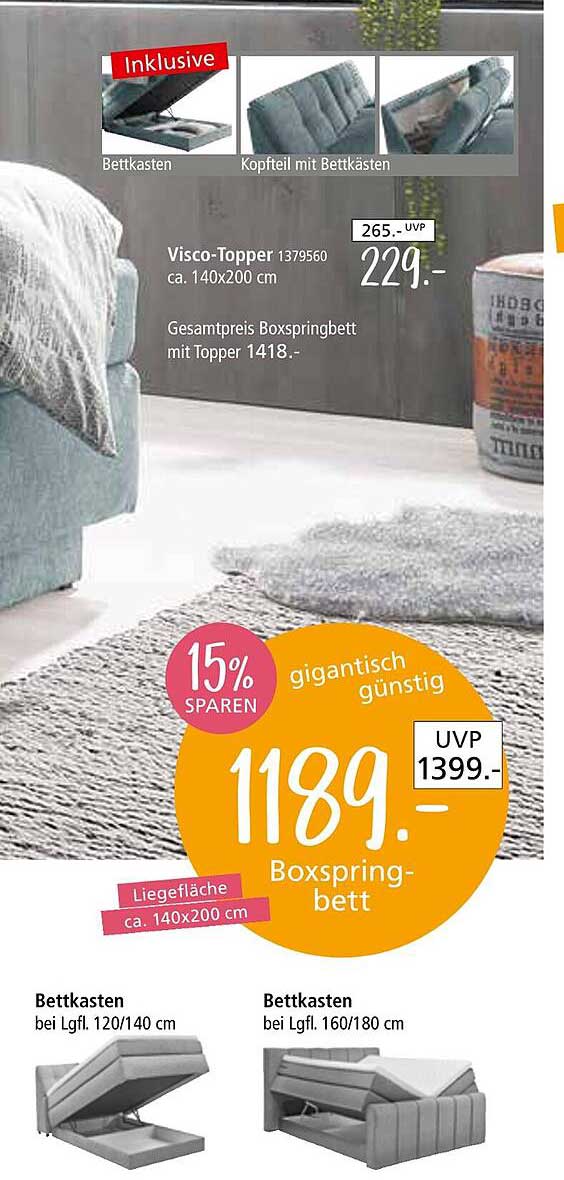 Boxspringbett mit Visco-Topper und Bettkasten, ca. 140x200 cm
