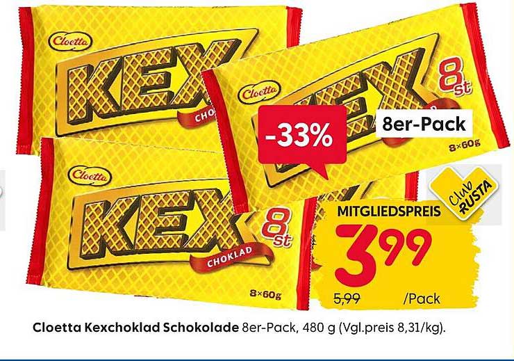 Cloetta Kexchoklad Schokolade 8er-Pack, 480 g (Vgl.preis 8,31/kg)