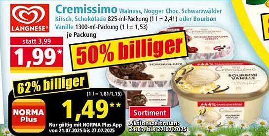 Cremissimo 825-ml-Packung - Walnuss, Nogger Choc, Schwarzwälder Kirsch, Schokolade oder Bourbon Vanille