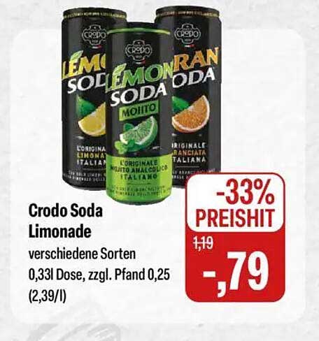 Crodo Soda Limonade Verschiedene Sorten 0,33L Dose