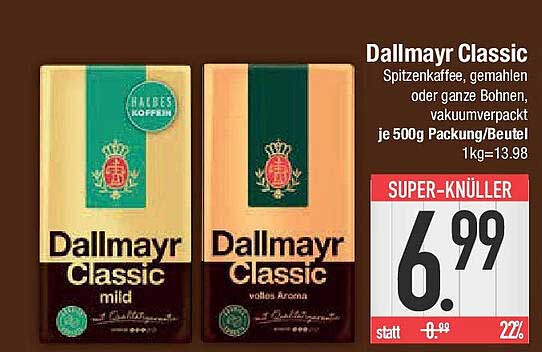 Dallmayr Classic Spitzenkaffee, gemahlen oder ganze Bohnen, vakuumverpackt 500g