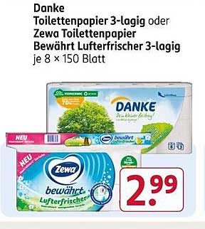 Danke Toilettenpapier 3-lagig oder Zewa Toilettenpapier Bewährt Luftfrischer 3-lagig je 8 x 150 Blatt