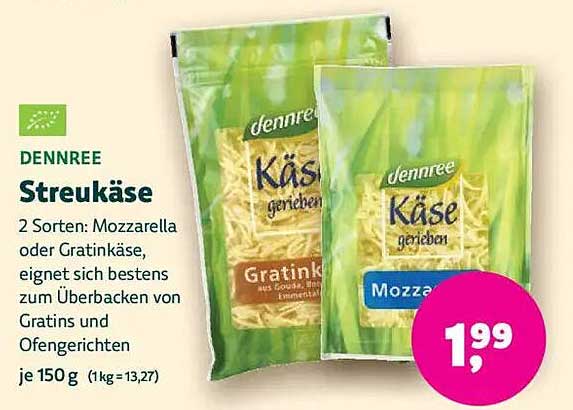 DENNREE Streukäse - 2 Sorten: Mozzarella oder Gratinkäse
