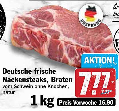 Deutsche frische Nackensteaks, Braten vom Schwein ohne Knochen, natur