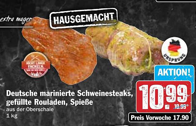 Deutsche marinierte Schweinstekas, gefüllte Rouladen, Spieße aus der Oberschale 1 kg