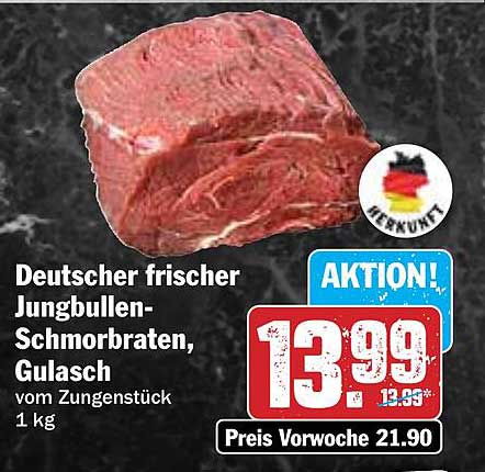Deutscher frischer Jungbullen-Schmorbraten, Gulasch vom Zungenstück 1 kg