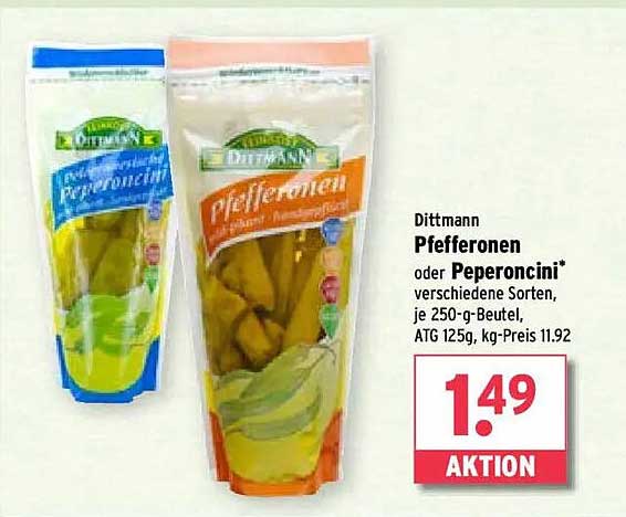 Dittmann Pfefferonen oder Peperoncini, verschiedene Sorten, je 250-g-Beutel