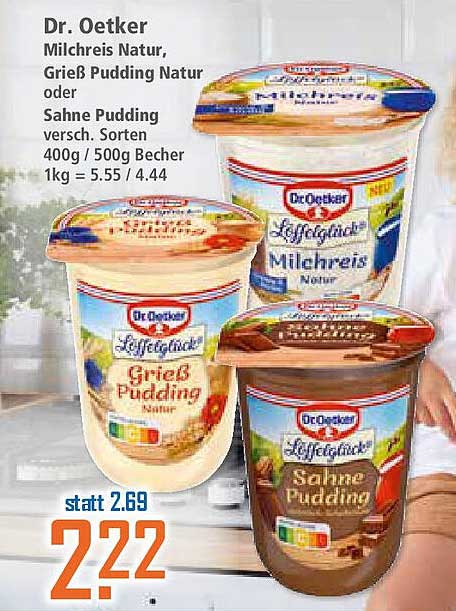 Dr. Oetker Milchreis Natur, Grieß Pudding Natur oder Sahne Pudding verschiedene Sorten