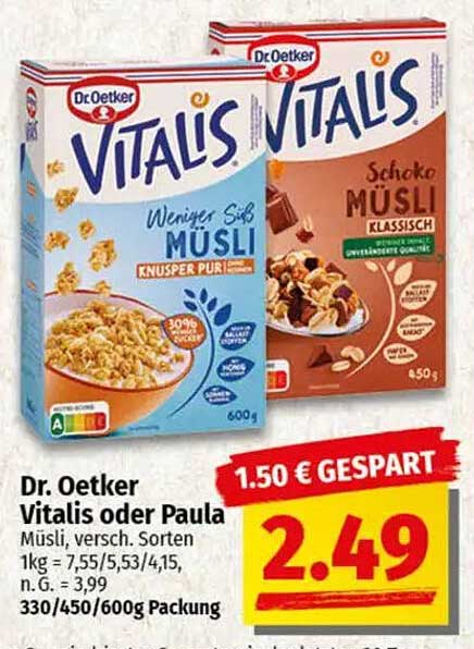 Dr. Oetker Vitalis oder Paula Müslis - 600g Packung für nur 2,49 €