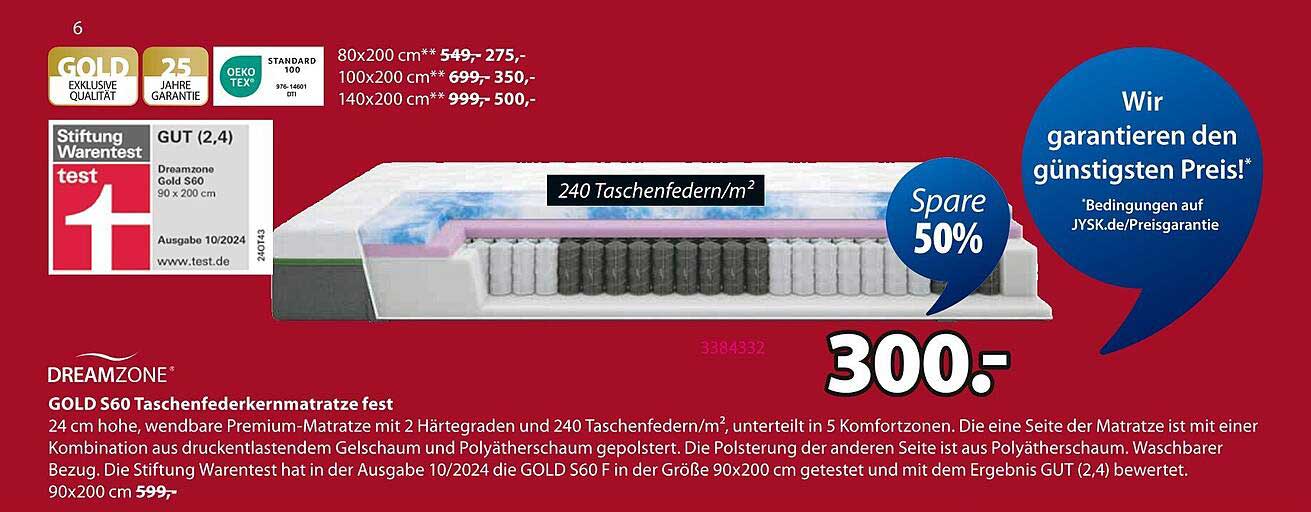 DREAMZONE GOLD S60 Taschenfederkernmatratze - 90x200 cm